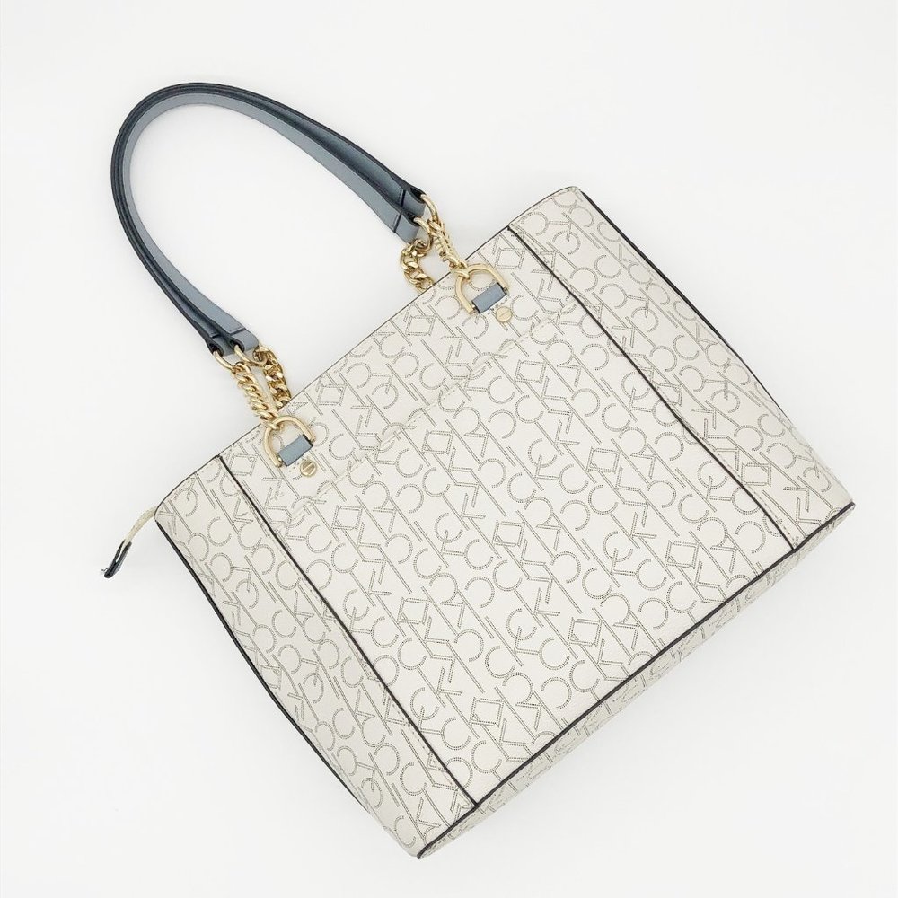 Calvin Klein monogram cream and pale blue Twilight tote purse handbag - Picture 9 of 14